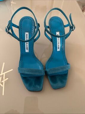 Manolo Blahnik Teal Suede Strappy Square-Toe Sandals